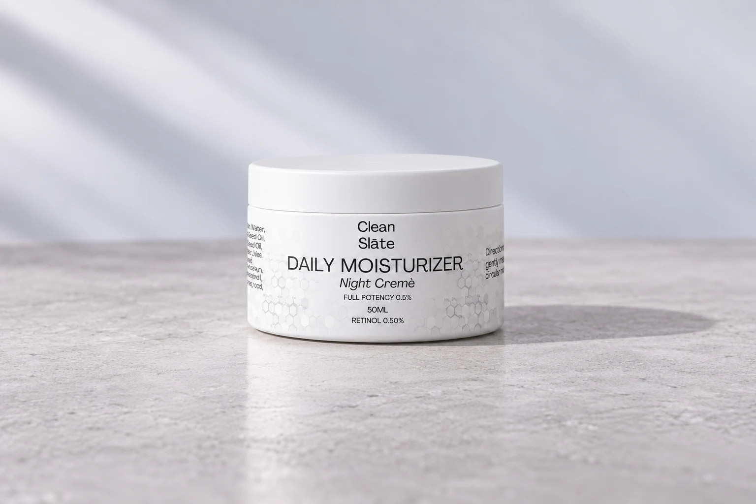 Product visualization of Cleān Slate Full Potency Night Crème on pale stone
